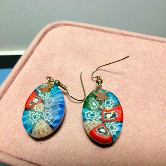 Vintage Unique Multi Color Oval Cabochon Earrings Silver French Wires - Picture 7 of 8